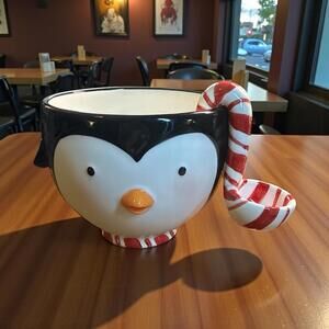 Hallmark 2007 Colorful Ceramic Penguin Shaped Treat Bowl With Candy Cane Spoon